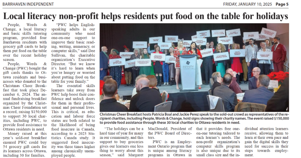 News article in Barrhaven Independent January 10 2025 edition. Local Literacy non-profit helps residents put food on table for holidays.